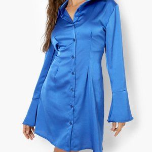 Satin Flared Cuff Womens Shirt Dress - Blue